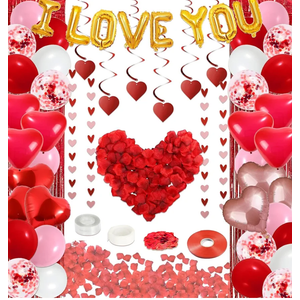 72 Pcs Valentines Day Decor Kit, Happy Anniversary Decorations - Balloon Set, 1000 Pcs Dark-Red Rose Petals, "I LOVE YOU" banner, Multi Decors For Romantic Decorations Special Night