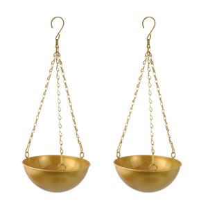 MY MIRONEY Metal Hanging Planter Basket 2PCS Golden Round Plant Pot Hanger with Chain for Home Decor, Indoor & Outdoor Use, 7.28" x 3.35"