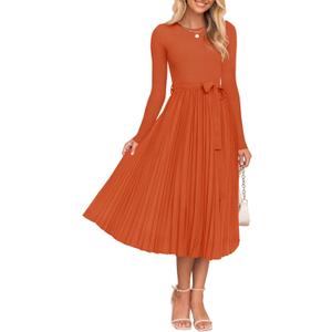 ZESICA Women's Fall Long Sleeve Midi Dress Casual Crewneck Knit Belted Pleated A Line Flowy Party Dresses (Medium)