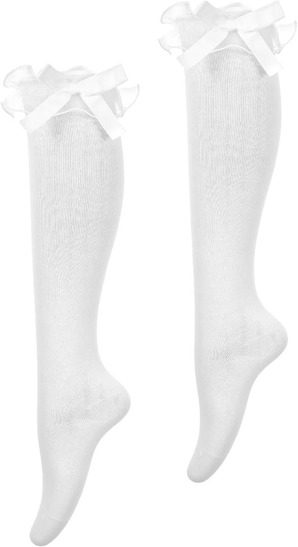Teaaha White Knee High Socks with Bow, Women's Soft Solid Lace Thigh High Stocks Cotton Sock Lovely and Cute Lace Ruffle Bow Girls Princess Sock over the Knee Tube Socks Thigh Stockings, One Size