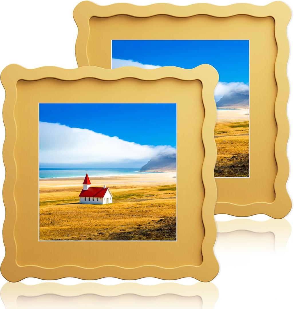 8X8 Wavy Picture Frame With Mat For 6X6, Wavy Edge Wooden Picture Frame with Real Glass - Wall Mount and Tabletop Display, Yellow, 2 Pack