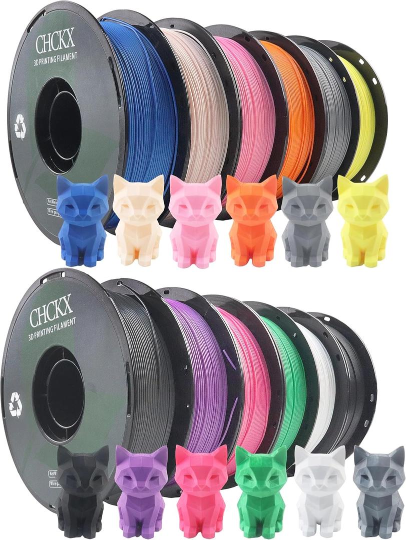 12 Pack PLA 3D Printer Filament, Dimensional Accuracy +/- 0.02 mm, 1kg Spool (2.2lbs), 1.75 mm，Black White Grey Red Green Yellow Purple Skin Blue Pink Orange Silver，12 Colors