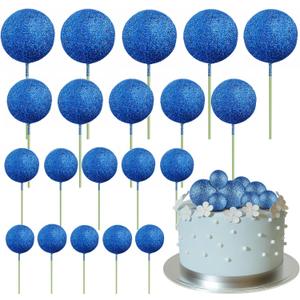 ASTARON 20 Pcs Ball Cake Topper Decorations Mini Cake Balloons Sticks Blue Glitter Cake Topper Balls for Graduation Wedding Birthday Cake Decorations