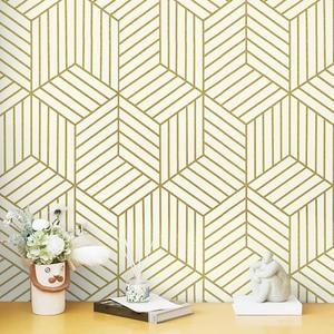 CiCiwind Gold Geometric Wallpaper Peel and Stick Wallpaper Beige and Gold Removable Wall Paper Striped Hexagon Contact Paper Self Adhesive Waterproof Vinyl for Bedroom Bathroom Wall 15.7"x393"