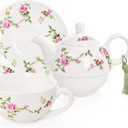 Coloch Tea for One Set, Porcelain Teapot Cup and Saucer Set with Tassel Vintage Floral Ceramic Tea Set for One for Women, Home, Office, Afternoon Tea, Rattan Flower Design