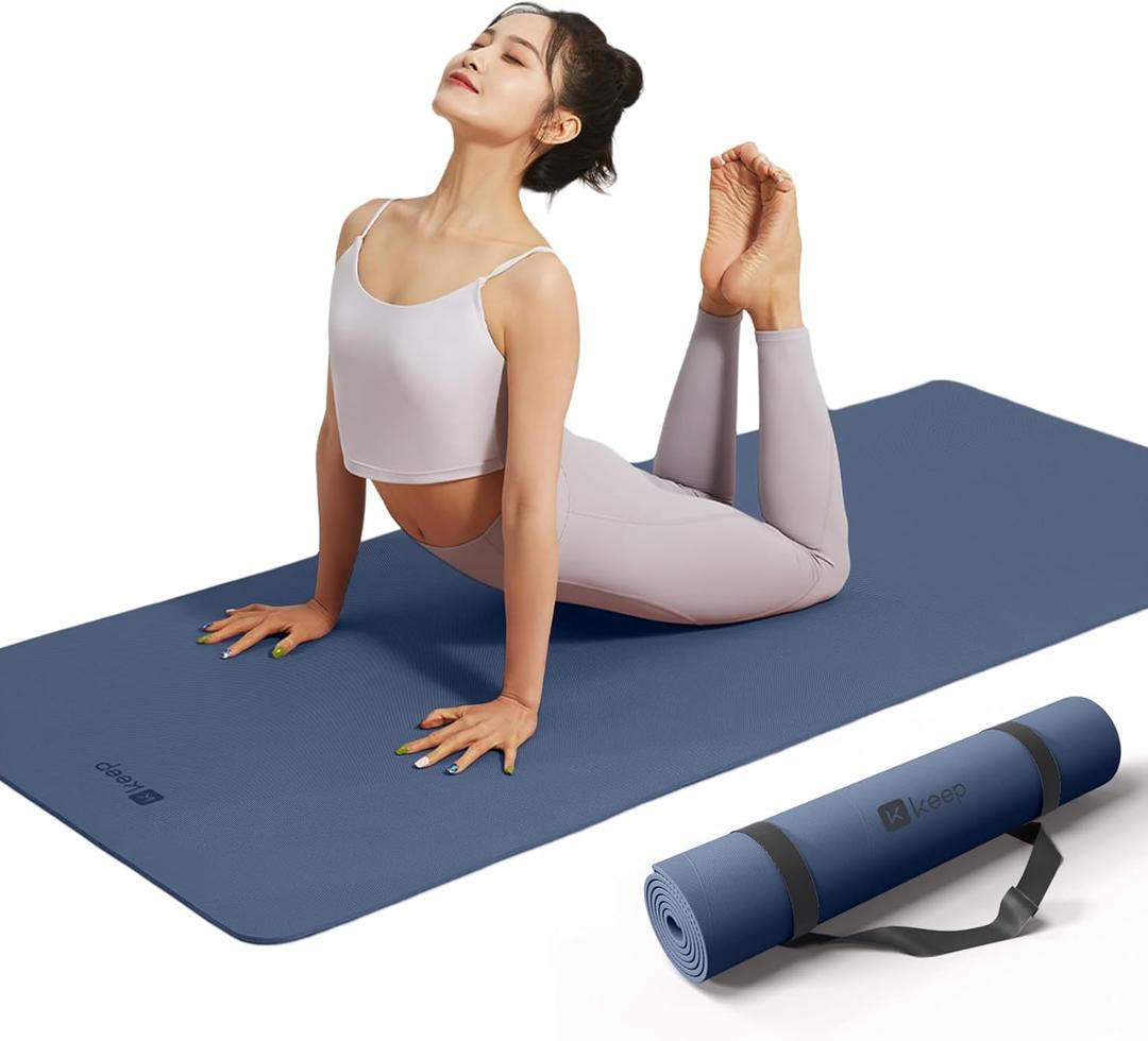 KEEP Yoga Mat, 32" Extra Wide Exercise Mat with Strap for Men and Women, 7mm Thick Double-Sided Non-Slip Eco-friendly Yoga Mat for Pilates, Workout and Fitness (Navy Blue)