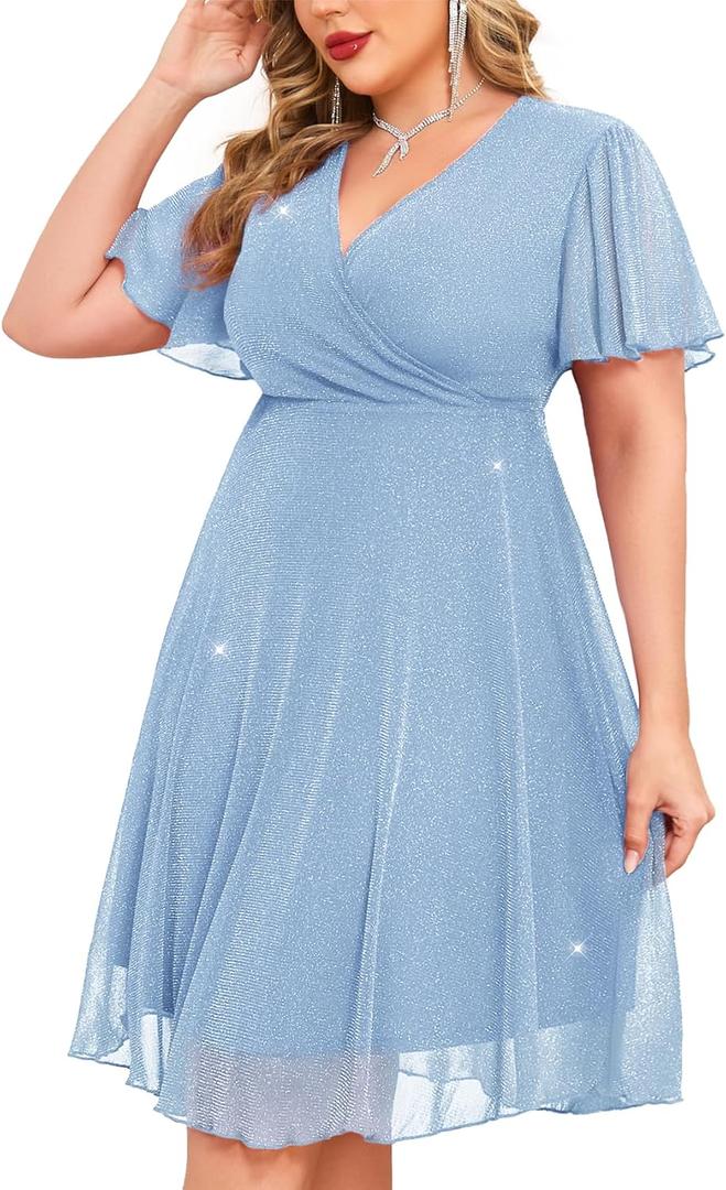 ZOMVA Plus Size Sparkly Mesh Dress A Line Ruffle Sleeve V Neck Wrap Short Glitter Dresses Wedding Guest Cocktail Party (Light Blue, 4X)