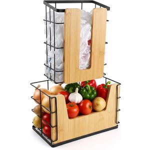 2-Pack Trash Bag Dispenser and Grocery Bag Holder - 2 In 1 Bamboo Plastic Bag Holder Under Sink- Adjustable Wall Mounted Design for Kitchen Cabinet, Pantry, Laundry Room Organization