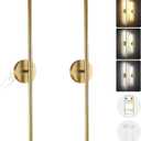 Wireless Battery Operated Wall Sconces with Remote, Gold Rechargeable Led Wall Lights Set of Two, Cordless Dimmable Battery Powered Wall Lamp Decor for Bedroom Living Room, 3 Color, 32 Inch