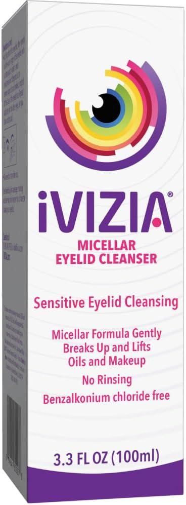 iVIZIA Micellar Eyelid Cleanser for Sensitive Eyelid Cleansing, BAK-Preservative-Free, Rinse-Free, Gently Removes Makeup, 3.3fl oz Bottle BBD: