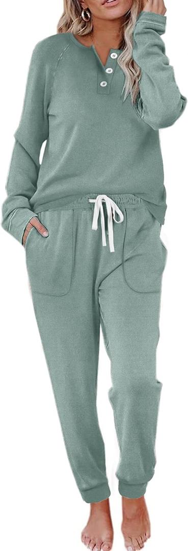 WIHOLL Two Piece Outfits for Women Lounge Sets Button Down Sweatshirt Sweatpants Sweatsuits Set with Pockets (Large, Long Sleeve - Sage Green/Blue) WIHOLL Two Piece Outfits for Women Lounge Sets Button Down Sweatshirt Sweatpants Sweatsuits Set with Pockets (Large, Long Sleeve - Sage Green/Blue)