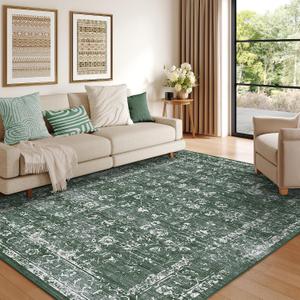 9x12 Dark Green Washable Area Rugs for Living Room, Neutral Boho Carpet