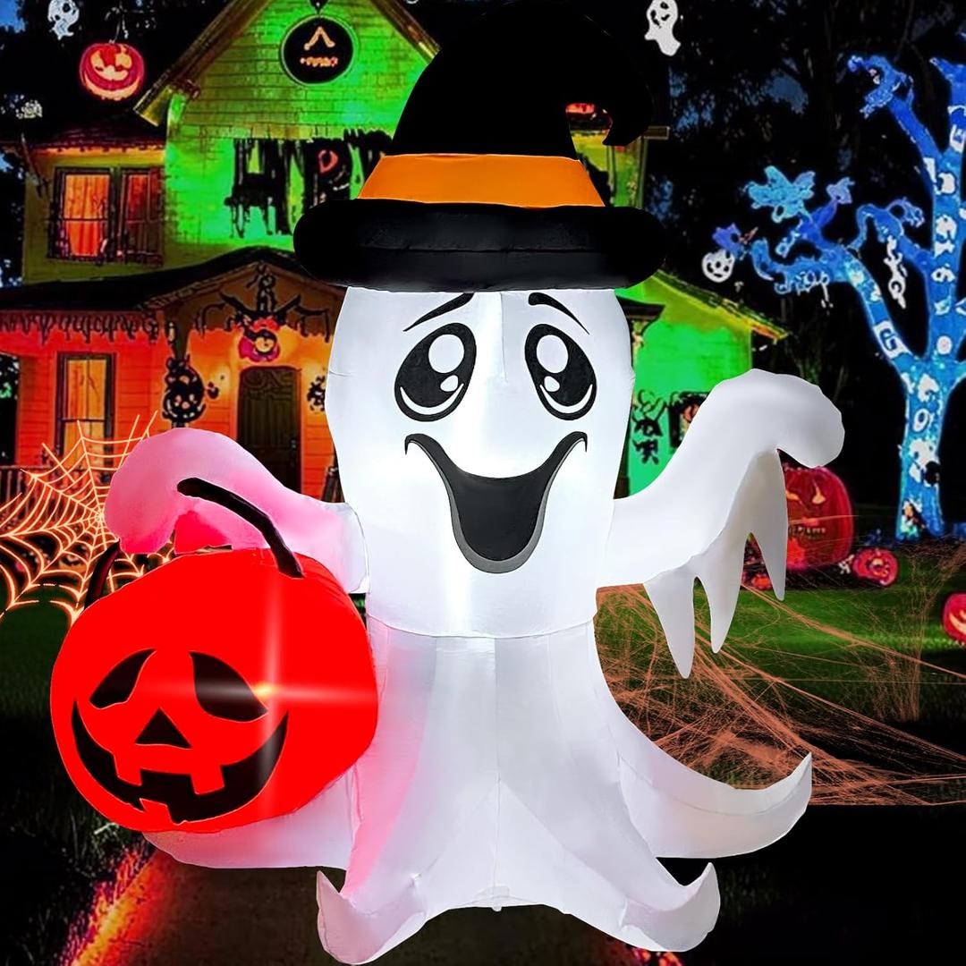 2025 Latest Release Halloween Inflatables Ghost Outdoor Decorations 5FT Ghost Pumpkin Inflatable with Build-in 2 LED Ghost Blow Up Yard Decoration Cute Ghost Blowup Decor for Party Garden Lawn