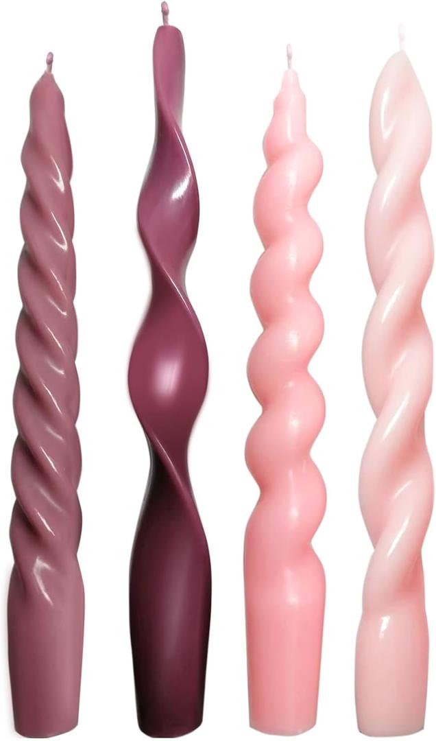 4 Pcs Pink Burgundy Taper Candles, 7.87 Inch Spiral Twisted Candle Sticks, Unscented Smokeless Pink Christmas Candlesticks for Valentines Day Wedding Bridal Shower Home Holiday Decor