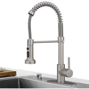 Hoimpro Brass Spring Kitchen Faucet with Pull Down Sprayer with Cover Plate, Rv Kitchen Sink Faucet with cUPC Hoses,3 Function Single Handle Laundry Faucet, Brushed Nickel (1 or 3 Hole)