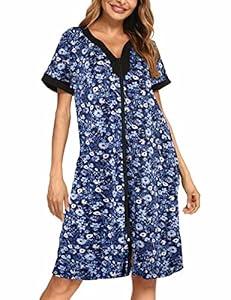 Nightgowns for Women Robe Zipper Short Sleeve House Dress Loungewear Keen Length Duster Coat Sleepwear Momo Dress Petite Housecoat Maxi Caftan 