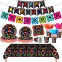 Domensi 144 Pcs Mexican Birthday Party Decoration Supplies for 20, Mexican Floral Cielito Lindo Paper Plates Napkins Cups Banner Papel Picado Tablecloth Cutlery Fiesta Birthday Tableware(Black)