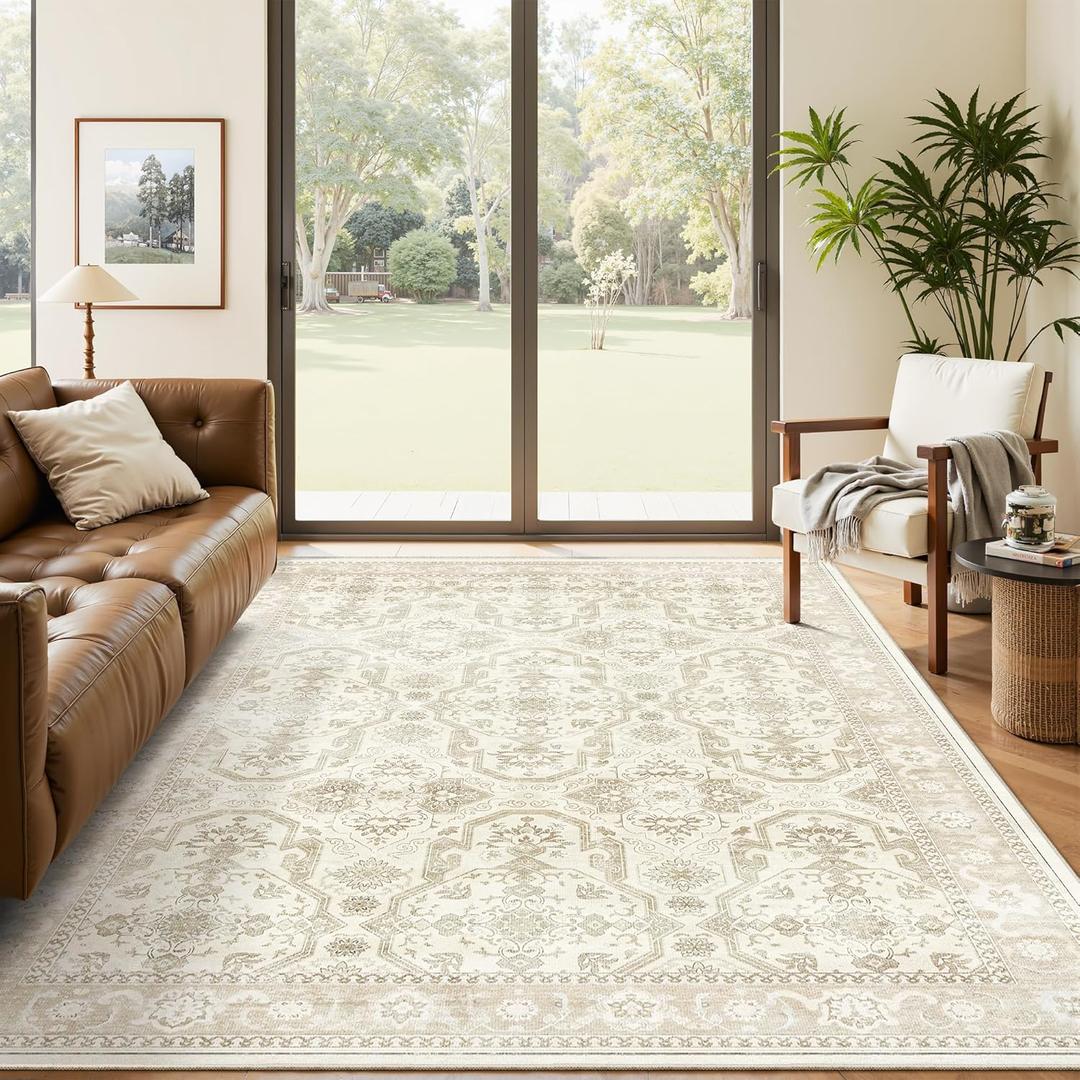 Soalmost Area Rug 6x9, Washable Rugs, Stain Resistant Gray Area Rugs for Living Room Bedroom Dining Room, Vintage Farmhouse Rug Beige