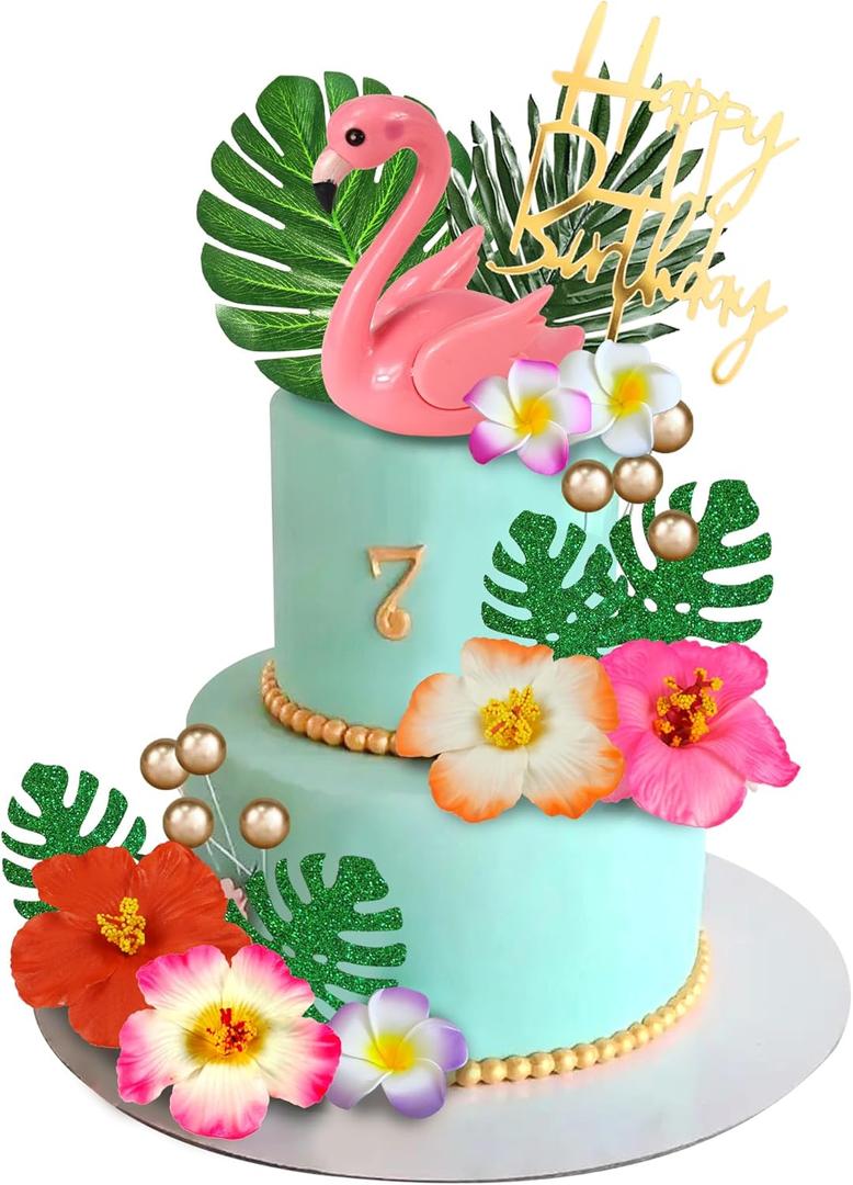 23 PCS Flamingo Cake Toppers Summer Cake Decoration with Cute Pink Flamingo Figures and Hibiscus Flower Palm Leaves for Hawaiian Aloha Themed Party Supplies (Type 1)
