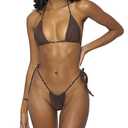 Women Halter String Bikini Set Sexy Thong Cheeky Two Piece Swimsuits Solid Color Bathing Swimwear (Brown, Large)