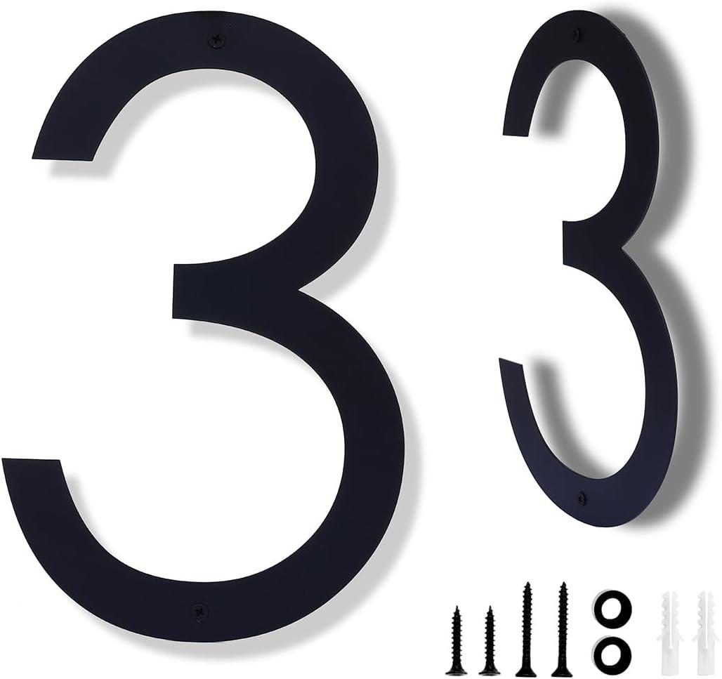 12 Inch Modern Metal Black House Numbers for Outside - Floating Address Number 3 With Nail Kit for Door