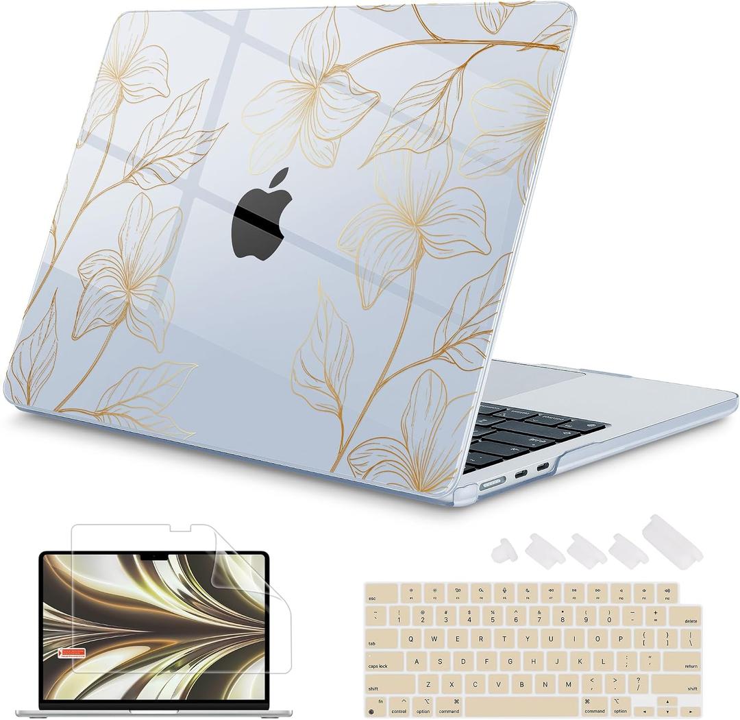 Mektron Case for 2026 MacBook Air 13-inch M5 Laptop A3449 with 13.6-inch Liquid Retina Display, 2025 2024 2022 M4/M3/M2 MacBook Air 13" Hard Shell Cover, Model A3240 A3113 A2681, Gold Flower S718-Blue