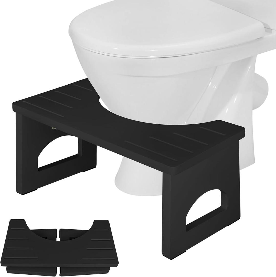 Foldable Toilet Stool, 7 Inch Poop Stool for Bathroom, Bamboo Toilet Stool Squat Adult, Collapsible Squatting Potty Stool with Non-Slip Strip - Improve Squatting Posture and Comfort, Black