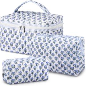 Kacctyen 3 Pcs Block Print Quilted Makeup Bag Set Floral Boho Toiletry Bag Travel Essentials for Women Cute Flower Quilted Cosmetic Organizer Pouch for Bachelorette Party Favors(Blue Flower)