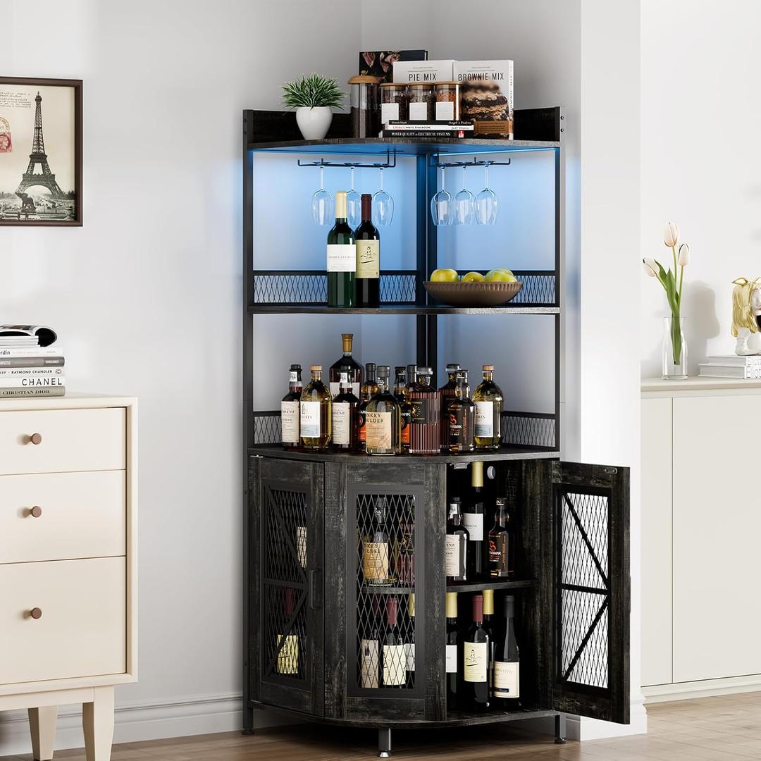 Modern Corner Bar Cabinet with Power Outlet, 5-Tiers Wine Cabinet with LED Light and Glass Holder,64'' Tall Home Liquor Cabinet for Living Room, Corner Display Shelf for Home (Black)
