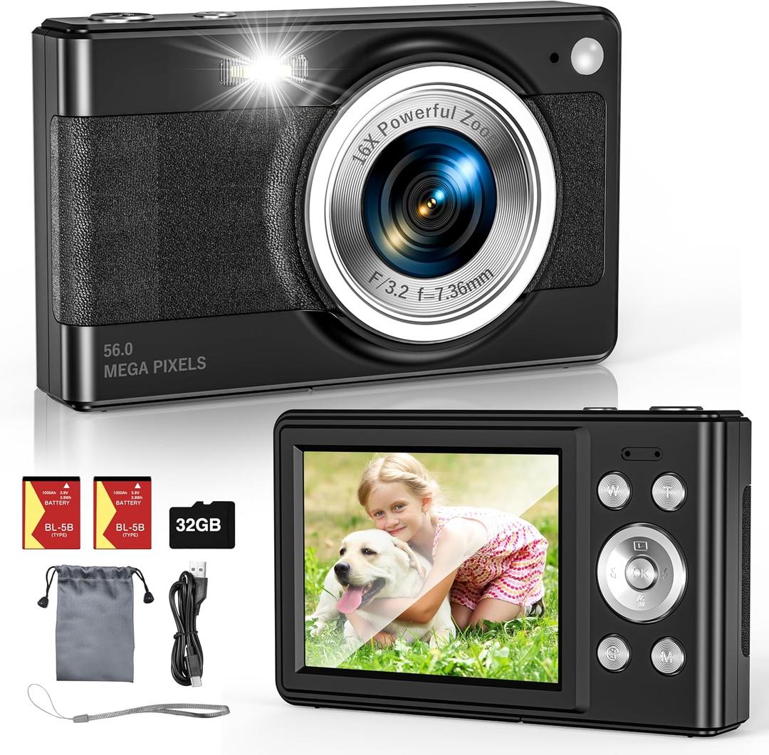 Upgrade Digital Camera, 56MP FHD 1080P for Kids with 16x Zoom Anti Shake, 32GB TF Card, Two Batteries, Lanyard, Compact Small for Boys Girls Black