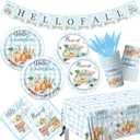 Hello Fall Decorations Tableware, 142 Pcs Blue Plaid Fall Pumpkin Decorations includes Pumpkin Plates and Napkins, Hello Fall Plates and Napkins for Harvest Blue Thanksgiving Decorations