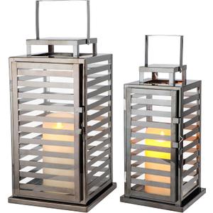 TRIROCKS Set of 2 Stainless Steel Lantern 15 &12" H Decorative Candle Lanterns with Tempered Glass Panels Indoor & Outdoor Candle Holder for Living Room Weeding Parties Events - Nickel Black Finish