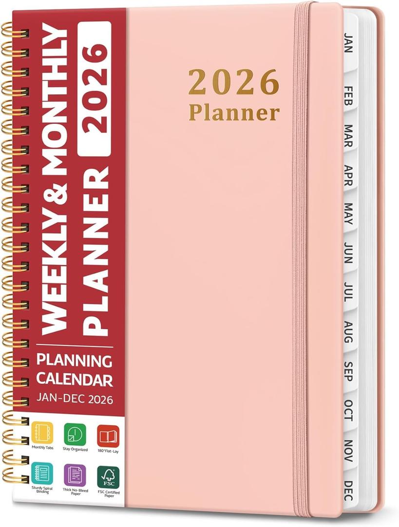 2026 Planner, Weekly and Monthly Calendar Planner, January 2026 - December 2026, Hardcover 2026 Calendar Book with Tabs For Women & Men, Inner Pocket, Spiral Bound, Perfect for Office Home School Supplies - A5 (6.3" x 8.5"), Pink