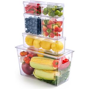 MUCHII 6 Pack Fridge Organizers and Storage, Stackable Fridge Organizer Bins with Lids, Kitchen Organizer Storage Containers for Fruit, Food, Vegetables