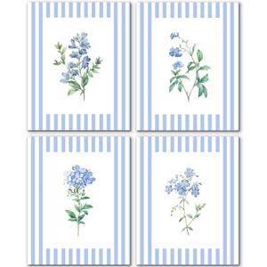 JINYO Blue Wall Art Decor, Vintage Blue and White Striped Floral Wall Art Prints Set of 4, Rustic Cottagecore Botanical Wall Decor Posters Pictures for Home Bedroom Living Room, 8x10 Unframed
