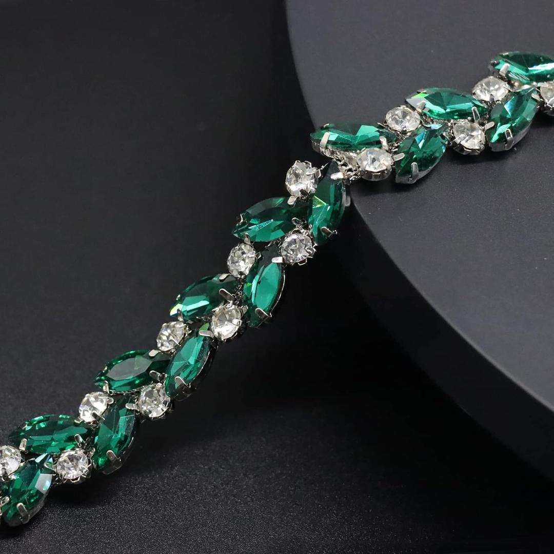 Jerler 1 Yard Rhinestone Trim, Crystal Rhinestone Chain Applique, Ideal for DIY Decoration and Wedding Clothing Embellishments, 0.6" Width (Green)
