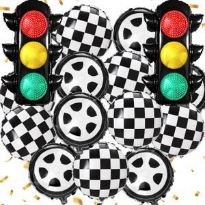 22 Pcs Race Car Balloons Inflatable Traffic Light, Foil Checkered and Tire Balloons, Transportation Decor for Construction Vehicle Truck Wheels Birthday Party Supplies