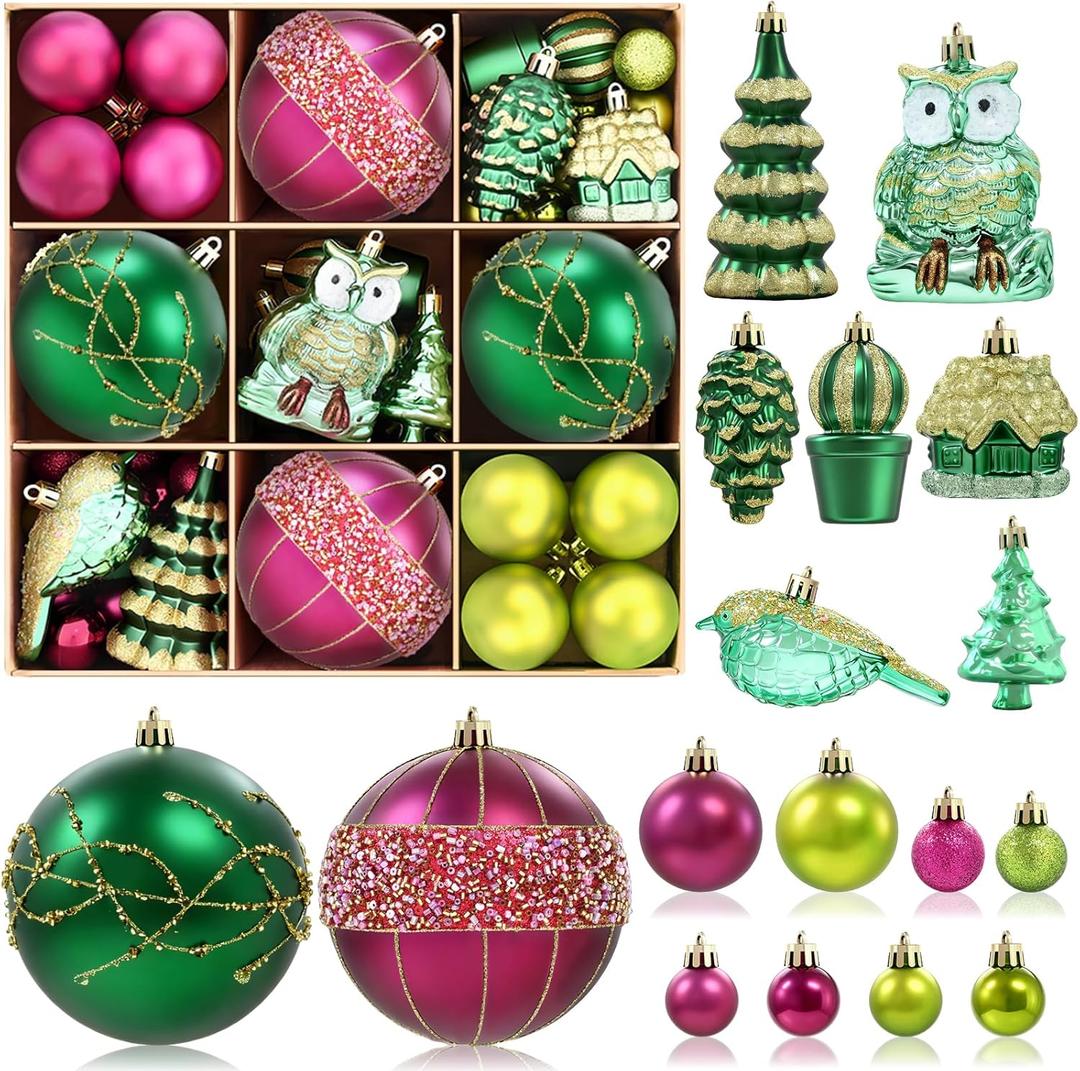 Dolicer 80 Pcs Christmas Tree Ornaments Vintage Christmas Ball Ornaments Set Green Red Glitter Christmas Decorations Shatterproof Large Hanging Ornament for Xmas Tree Holiday Party