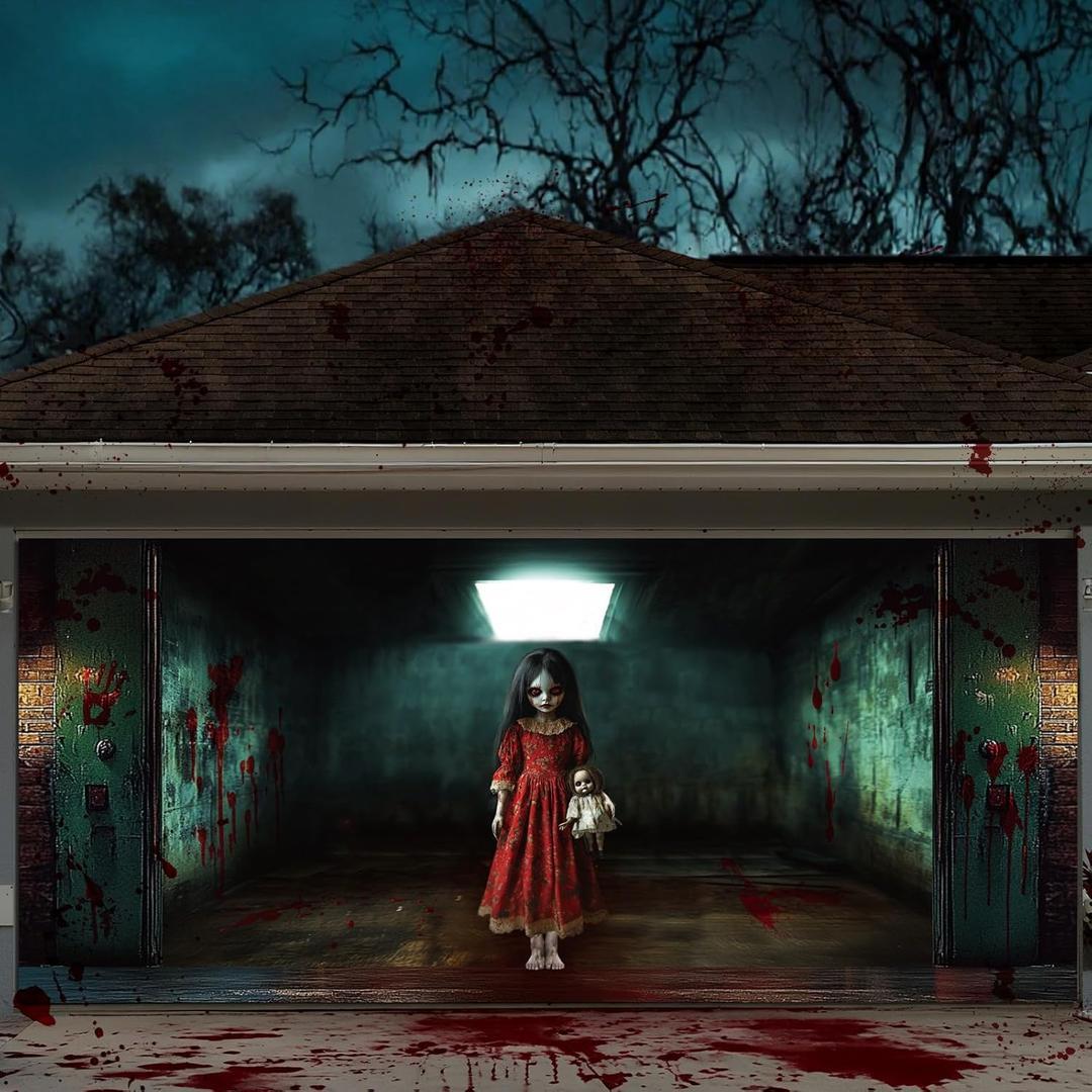 7 x 16 ft Halloween Garage Door Banner Large Scary Doll Girl Hanging Backdrop Door Cover Halloween Garage Wall Decorations for Outdoor Home Yard Party Backgrounds