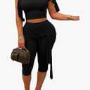 Ecirod Women Sexy Two Piece Outfits Summer One Shoulder Bodycon Shorts Sets Lace Up Slim Crop Top Capri Legging Sets, 2XL