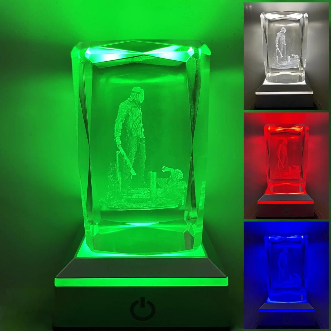 Horror Movie Merchandise Gifts Classic Character Figures 3D Crystal Lamp with Base, Scary Colorful LED Night Light Christmas Gift for Party Men Women Lover Fan Merch Collector,3"D x 2"W x 3"H