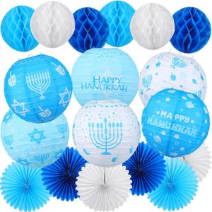 Retisee 18 Pcs Hanukkah Party Decoration Happy Hanukkah Paper Lanterns with Candlestick Dreidel Blue White Hanging Paper Fans Honeycomb Balls Chanukah Home Ornament for Jewish Party Decor