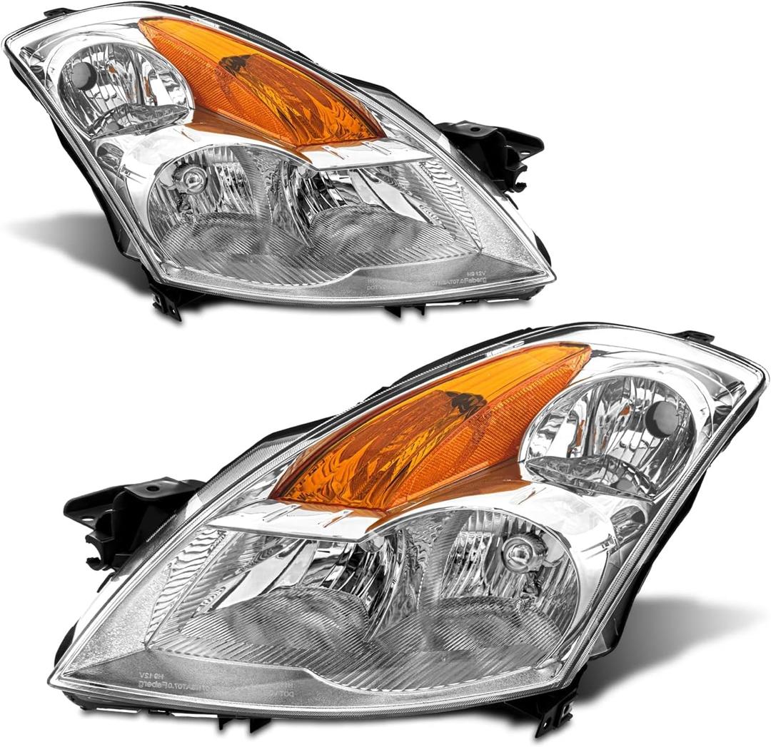 Headlight Assembly Pair for 2007-2009 Nissan Altima 4DR Sedan (Halogen Only) Clear Lens Chrome Housing Amber Reflector Left Right W/O Bulbs