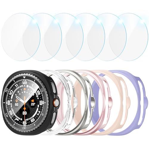 JZK Galaxy Watch 8 46mm Screen Protector-[6+6] Pack Protective case+Tempered Glass Screen Protector Full Coverage Hard PC Protective Cover HD Thin Cass for Samsung Galaxy Watch 8 46mm Accessories (Black/Clear/Lavender/Starlight/Rose Gold/Pink)