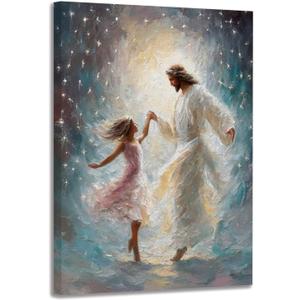 bitCNY Jesus Dancing with Girl Canvas Print - Christian Inspirational Art for Girls Bedroom or Living Room - 11x14 Inches