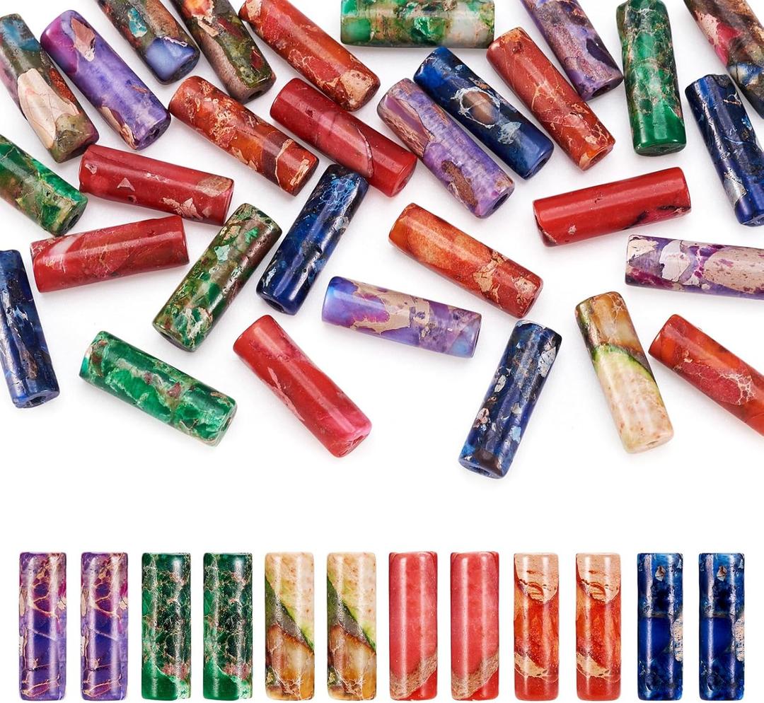 30Pcs Column Tube Beads for Jewelry Making, Colorful Column Imperial Jasper Gemstone Beads, Cylinder Loose Bead Healing Crystal Energy Stone Bead 12-13mm for DIY Bracelet Necklace Making
