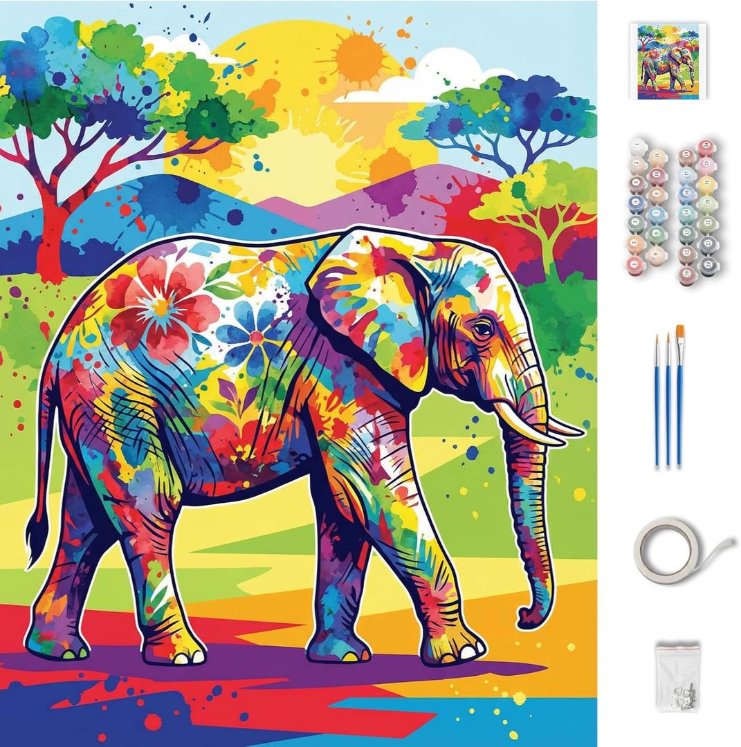 Paint by Numbers for Adults - Vibrant Pop Art Animals - Colorful DIY Acrylic Painting Kits - Psychedelic Lion, Hipster Cat, Boho Elephant & Sea Turtle - Modern Abstract Wall Decor - 16"x20" (Elephant)