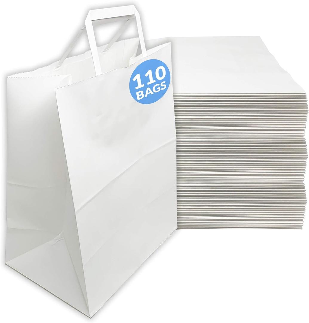 Reli. 110 Pack | 10''x5''x13'' | White Paper Bags w/Handles | Ideal for Gifts, Shopping Bags, Retail/Merchandise, Grocery, To Go/Take Out with Flat Handles