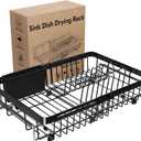 MAJALiS Expandable Stainless Steel Over The Sink Dish Drying Rack for Small Kitchen, Counter Space Saving, Hanging Compact RV Plate Drain Strainer in Black Wire Metal with Adjustable Utensil Holder