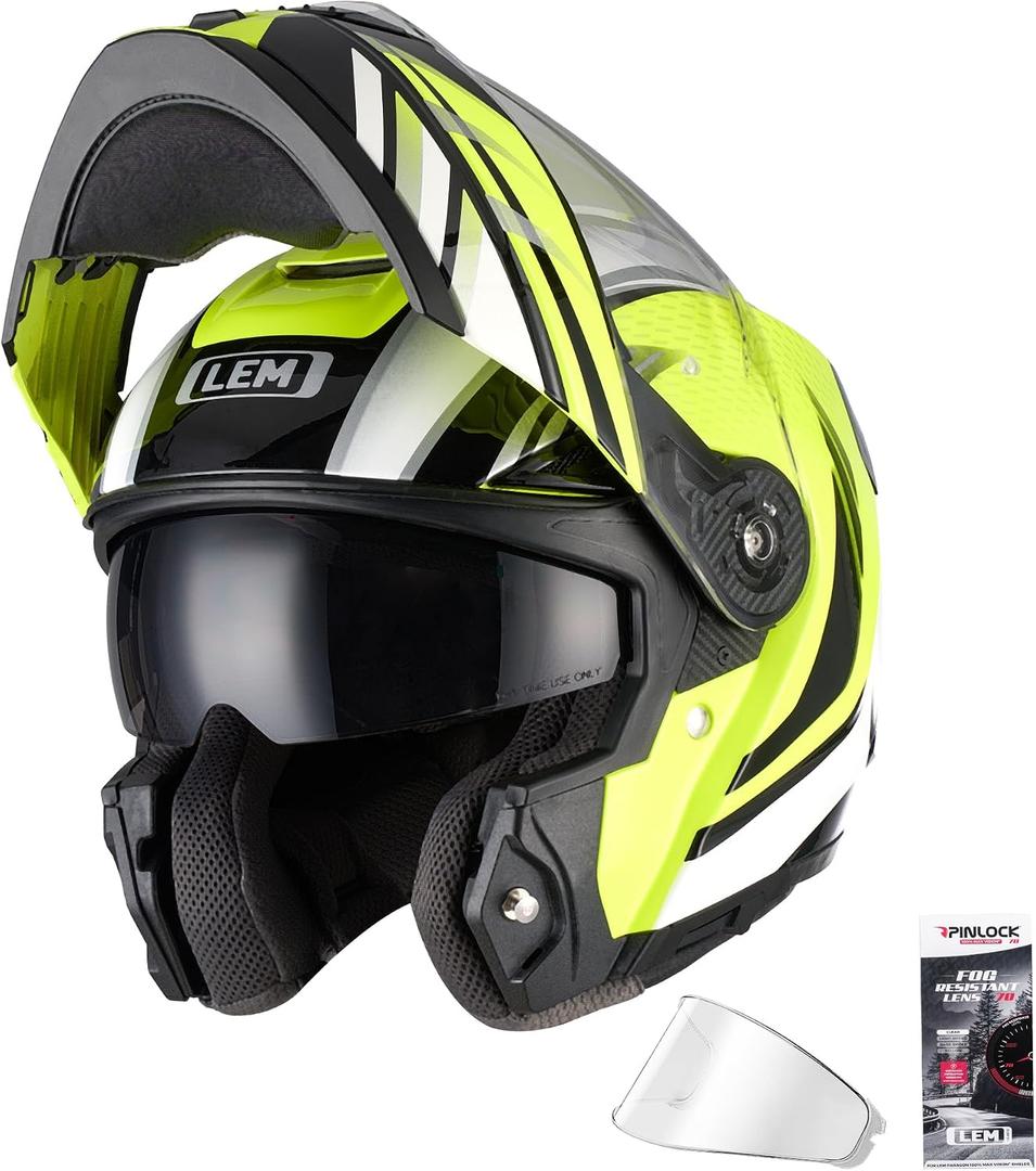 LEM Modular Motorcycle Helmets Fiberglass, Full Face Motorcycle Helmet Flip Up for Touring, DOT Certified, Release Sun Visor & Removable Comfort Liner, Lightweight Street Bike Helmet (Yellow, L)